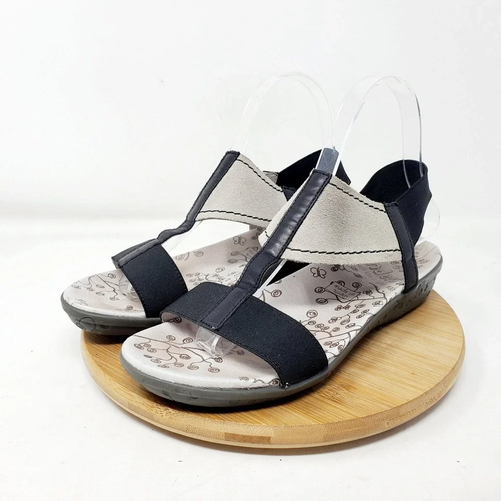 Wonders Fly Sandals Womens 37 Black‎ Grey Low Wedge Elastic Strap Comfort Shoes